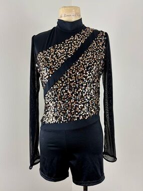 Black Sequin Diagonal Stripe Leotard Short